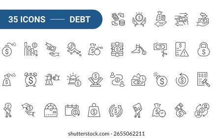 Conjunto de deuda de iconos web en estilo de línea o esquema. Iconos para el Web y el App móvil. Colección de iconos de contorno. Trazo Editable. Ilustración vectorial