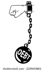 Debt shackles, weight metal ball with chain on wrist, prisoner fetter, debtor encumbrance concept , vector 
