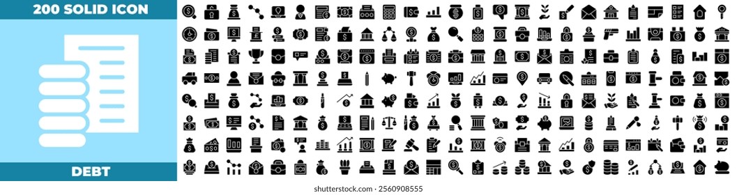 Debt Solid Editable Icons set. Vector illustration in modern thin solid style of debt icons: Debt Relief, Insolvent Aid, Credit Crash, Debt Snowball, Debtor Aid, etc