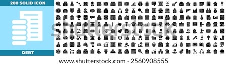 Debt Solid Editable Icons set. Vector illustration in modern thin solid style of debt icons: Debt Relief, Insolvent Aid, Credit Crash, Debt Snowball, Debtor Aid, etc