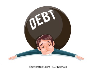 Debt Squashed Crushed Businessman Wretched Miserable Character Cartoon Vector Illustration