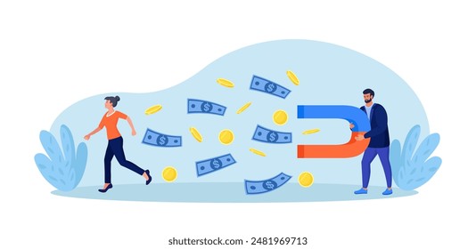 Debt сollection. Tax collector with magnet attracting money from character. Money loss, financial debts. Economic crisis. Financial loan demand from borrower. Businessman takes money from debtor