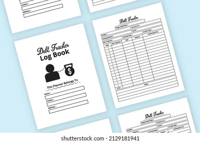 Debt tracker journal interior. Bank loan payment tracker notebook interior. Debt tracker and daily balance checker logbook. Loan information tracker journal. Interior of a notebook.