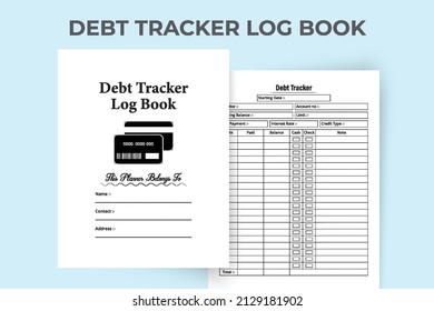 Debt tracker logbook interior. Loan tracker and daily balance checker notebook template. Interior of a journal. Debt tracker log book with credit card silhouette. Bank debt checker journal.