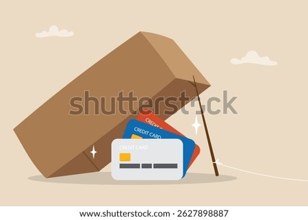 Debt trap overspending causing danger financial, temptation shopping buying, loan obligation, money burden despair, financial trap failure or bankruptcy concept. Credit card bait under box trapped.