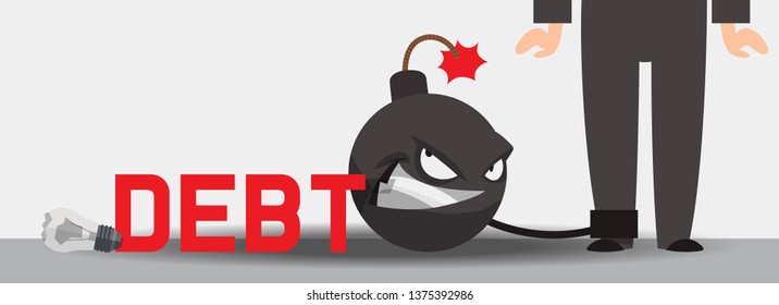 Debt vector bomb finance explosion weapon danger destruction boom financial illustration banking credit explosive backdrop of businessman character bankrupt background.