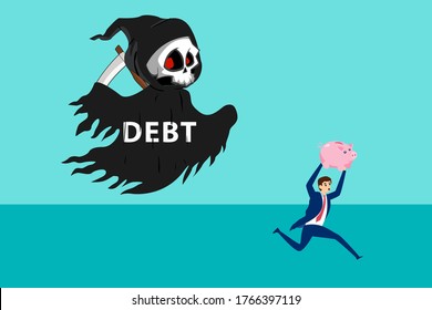 Debt vector concept: Ghost chasing down the businessman carrying his piggy bank