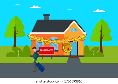 Debt vector concept: man carrying his luggage sadly after his house being confiscated by the bank