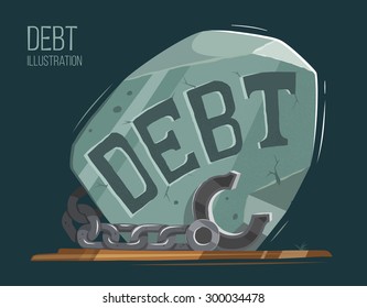 Debt vector illustration. Big heavy stone with steel chain and shackles fetters. Creative concept.