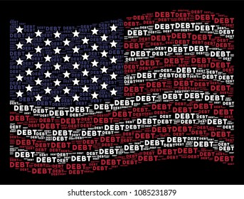 Debt word items are arranged into waving United States flag stylization on a dark background. Vector composition of USA state flag is combined of debt word elements.
