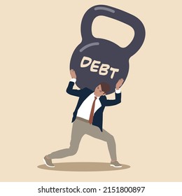 Debt. Young Stressful Sad Businessman Clerk Manager Carrying Carry Debt On His Back. Financial Crisis And Credit Payment. Business, Mental Stress, Bankruptcy, Debt Concept.