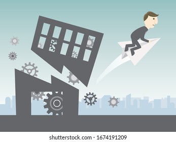 Debt-bearing companies go bankrupt or bankrupt due to economic downturn. Job change, fleeing office worker, male