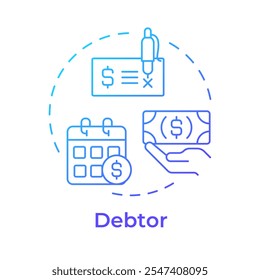 Ícone de conceito de gradiente azul do devedor. Parte de factoring. Pagamento de dívidas e obrigações financeiras. Transação monetária. Ilustração de linha de forma redonda. Ideia abstrata. Design gráfico. Fácil de usar no artigo