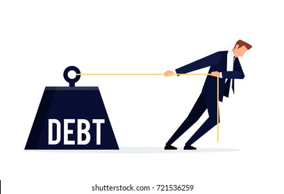Debtor. Businessman is pulling a huge weight with a debt. Business concept debtor in a flat style. Vector illustration.