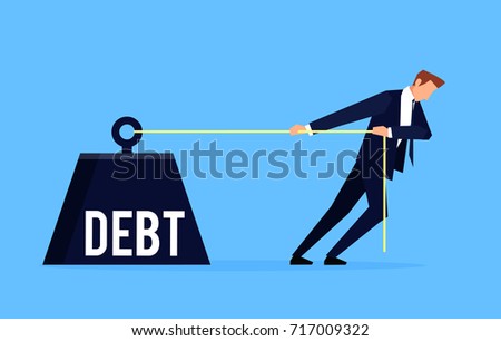 Debtor. Businessman is pulling a huge weight with a debt. Business concept debtor in a flat style. Vector illustration.