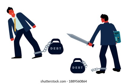 The debtor. The businessman pulls a huge weight with the debt and is released from it, the man cuts the chains. The concept of financial dependence in a flat style. A set of vector illustrations.