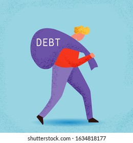 Debtor concept. Sad businessman is carrying a huge weight  big bag with a debt.  Vector illustration