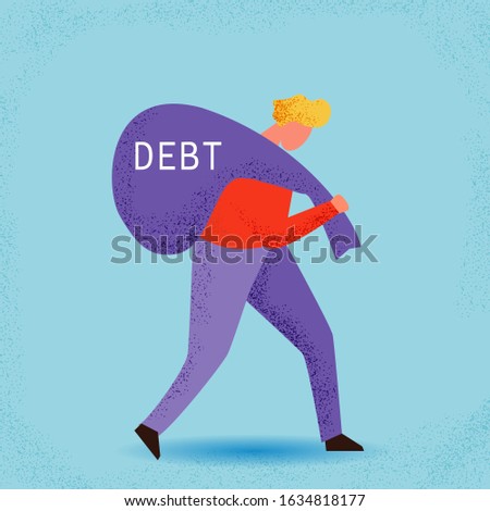 Debtor concept. Sad businessman is carrying a huge weight  big bag with a debt.  Vector illustration