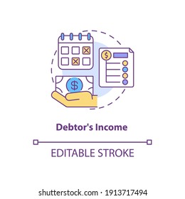 Debtor income concept icon. Monthly credit repayment. Borrower budget. Debtor accounting. Bankruptcy idea thin line illustration. Vector isolated outline RGB color drawing. Editable stroke