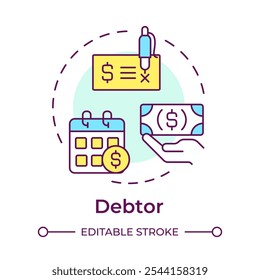 Ícone de conceito de várias cores do devedor. Parte de factoring. Pagamento de dívidas e obrigações financeiras. Transação monetária. Ilustração de linha de forma redonda. Ideia abstrata. Design gráfico. Fácil de usar no artigo