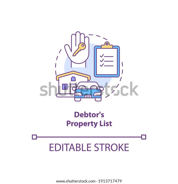 Debtor property list concept icon. Mortgage for
real estate. Creditor contract. Financial report. Bankruptcy idea
thin line illustration. Vector isolated outline RGB color drawing.
Editable stroke