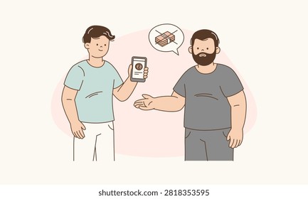 Debtor Showing Smartphone Screen to Creditor Confirming Bank Transfer Payment Evidence Vector