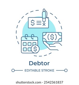 Ícone de conceito azul flexível do devedor. Parte de factoring. Pagamento de dívidas e obrigações financeiras. Transação monetária. Ilustração de linha de forma redonda. Ideia abstrata. Design gráfico. Fácil de usar no artigo