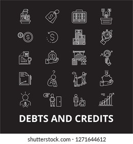 Debts and credits editable line icons vector set on black background. Debts and credits white outline illustrations, signs, symbols