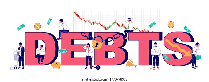 Plantilla de banner vectorial de tipografía de deudas. Empresarios desesperados por problemas financieros como impuestos impagados, préstamos bancarios. Deudas financieras y arresto de empresas.