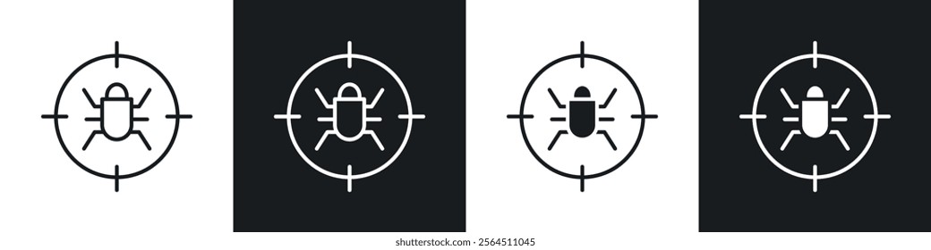 Debug icons collection in black filled and line style.