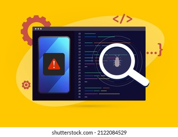 Debug Mobile Application, Software App Development Concept. Find Bugs, Test And Fix Code Application, Mobile Debugging Tools. Flat Vector Illustration.