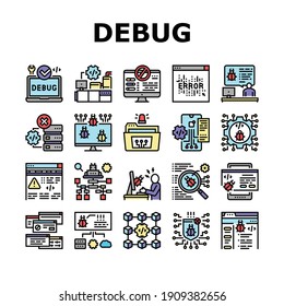 Debug Research Y Fix Collection Icons Set Vector. Depurar Servidores Y Almacén De Datos, Desarrollar Y Probar Aplicaciones En Pictogramas Lineales De Concepto De Depuración. Ilustraciones de color de contorno