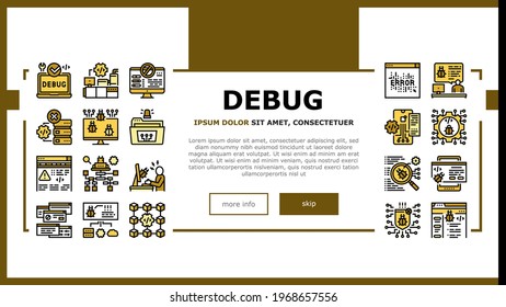 Debug Research And Fix Landing Web Page Header Banner Template Vector. Debugging Servers And Data Store, Development And Testing Application On Debug Illustration