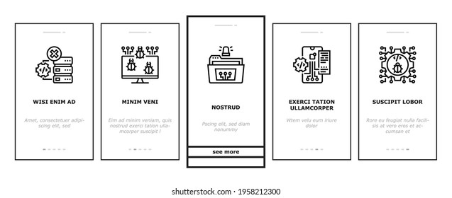 Debug Research And Fix Onboarding Mobile App Page Screen Vector. Debugging Servers And Data Store, Development And Testing Application On Debug Illustrations