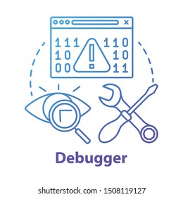 Debugger concept icon. Debugging tool. Testing and setting software. Computer program development. Code error checking idea thin line illustration. Vector isolated outline drawing