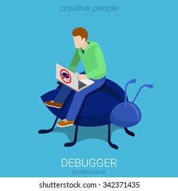 Debugger profession programmer code analytic debug process flat 3d isometry isometric concept web infographics vector illustration. Young man laptop sit on huge bug. Creative people collection.