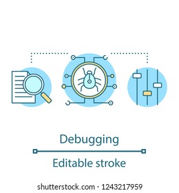 Debugging concept icon. Computer virus idea thin line illustration. Software problems, errors fixing. Programming. Bugs report. Vector isolated outline drawing. Editable stroke