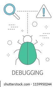 Debugging concept. Searching bug in computer software or script. Idea of programming and digital technology. Isolated abstract vector illustration