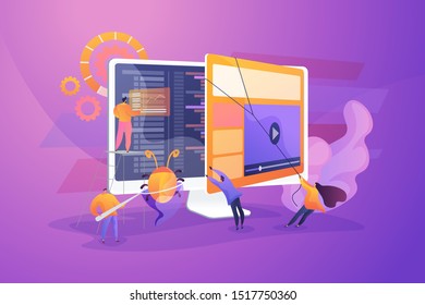 Debugging development process. Programmer work. Game programming. IT software application testing, quality assurance, QA team and bug fixing concept. Vector isolated concept creative illustration