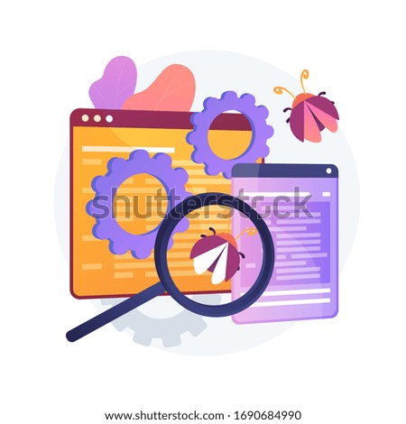 Debugging firewall. Antivirus scanning. Malware fixing. Virus attack, trojan search, bugs detection. System protection. Threat diagnostic. Crash tester. Vector isolated concept metaphor illustration.
