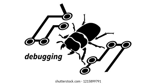 Debugging icon. Bug on a microcircuit. Isolated vector illustration