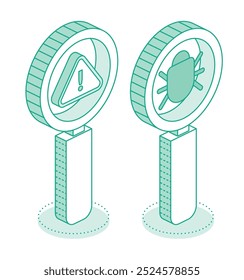 Debugging. Magnifying glass with bug and exclamation mark isolated on white background. Isometric outline objects. Vector illustration. Debug code. Software testing concept.