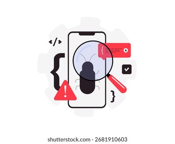 Depurando aplicativos móveis. Analisando código, reproduzindo e isolando bugs. Validação de correções e novos testes para garantir que o desenvolvimento de aplicativos de software seja executado sem problemas com ilustração vetorial de resultados confiável