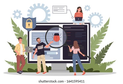 Debugging process flat vector illustration. People fixing bugs in hardware device. Application development and quality assurance service concept. Small people testing software near big screen.