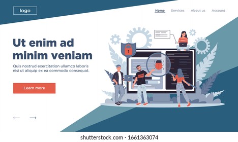 Debugging process flat vector illustration. People fixing bugs in hardware device. Application development and quality assurance service concept. Small people testing software near big screen.