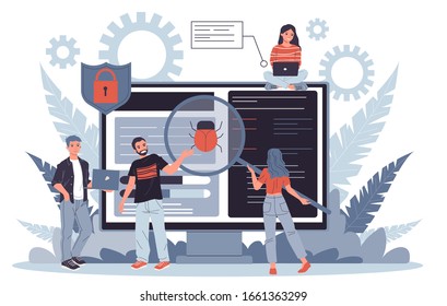 Debugging process flat vector illustration. People fixing bugs in hardware device. Application development and quality assurance service concept. Small people testing software near big screen.