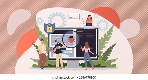 Debugging process flat vector illustration. People fixing bugs in hardware device. Application development and quality assurance service concept. Small people testing software near big screen.