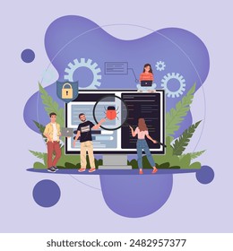 Debugging process flat vector illustration. People fixing bugs in hardware device. Application development and quality assurance service concept. Tiny people testing software near huge screen.