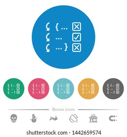 Debugging program flat white icons on round color backgrounds. 6 bonus icons included.