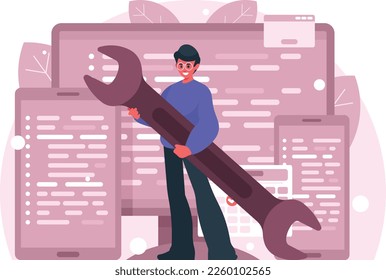 Debugging software concept. Computer display, tablet and smartphone with programming code on screen. Man holding a wrench. Technics repair concept. The worker holds a huge tool in his hands. Vector